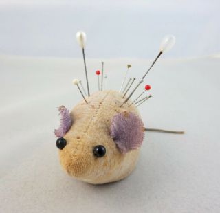 Vintage Stuffed Fabric Mouse Sewing Pin Cushion W Tape Measure Japan 1950s?