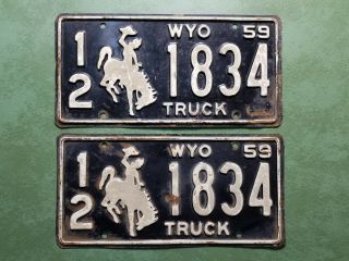 Matched Pair 1959 Wyoming Truck License Plate Lincoln County 1834 Bronco