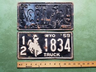 Matched Pair 1959 Wyoming Truck License Plate Lincoln County 1834 Bronco 3