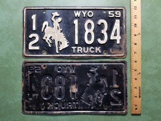 Matched Pair 1959 Wyoming Truck License Plate Lincoln County 1834 Bronco 4