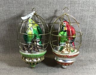 Pair Vintage Neiman Marcus Blown Glass Birds In Wire Cage Christmas Ornaments