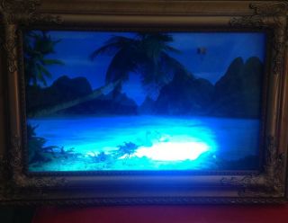 Vintage Tiki Bar Palm Tree Island Paradise Lamp Light Framed In Gold 2