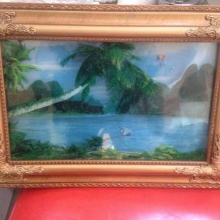 Vintage Tiki Bar Palm Tree Island Paradise Lamp Light Framed In Gold 3
