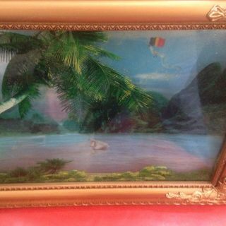 Vintage Tiki Bar Palm Tree Island Paradise Lamp Light Framed In Gold 7