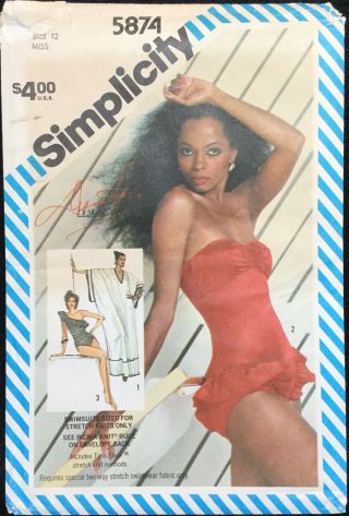 Vtg 80s Ruffle Swimsuits & Caftan Diana Ross Simplicity Pattern 5874 Sz 12 Uncut