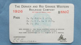 1926 Denver & Rio Grande Western Railroad Pass - Southern Pacific Co.  Employee