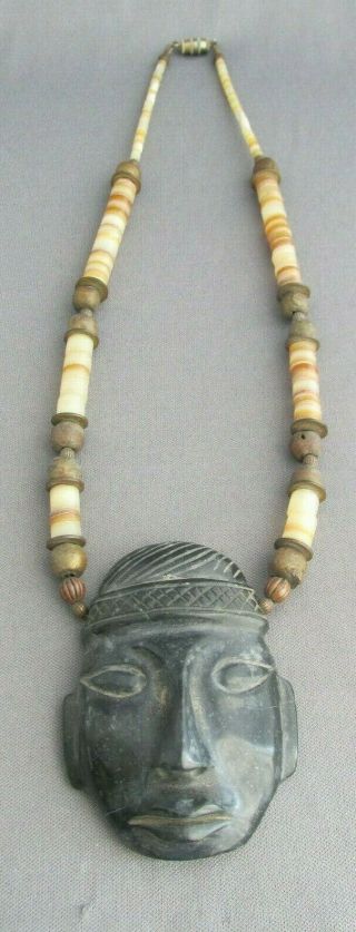 Heavy Vintage Chunky Carved African Obsidian Face Brass Bead Choker Necklace