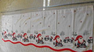 Vintage Hand Printed Linen Christmas Curtain Swedish Santa Elves Long 74’’