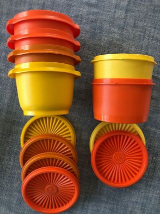Tupperware Vintage 6 Small Bowls Lids Harvest colors orange Gold Brown yellow 2