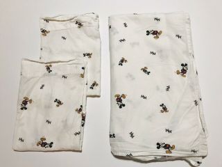 Vintage Disney Mickey Mouse Full Size Flat Bed Sheet With 2 Standard Pillowcases