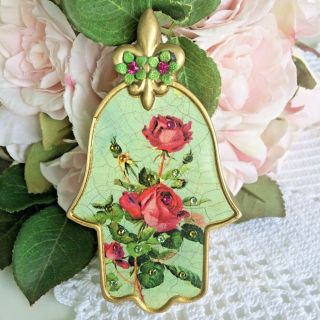 Michal Negrin Hamsa Plaque Victorian Style Roses Crystals Good Luck Wall Decor