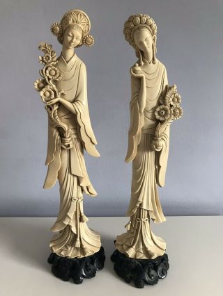 Vintage 18 " Asian Women Figurine Statues Carved Ivory Resin Geisha Girl