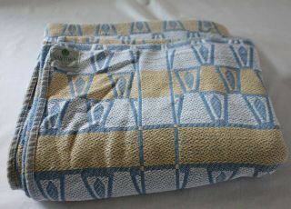 Vtg 1950s Vantona Blue White Yellow Geometric Leaf Woven Cotton Single Blanket