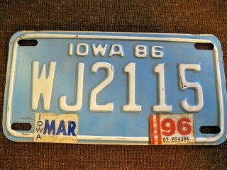 1986 Iowa Blue Motorcycle License Plate Wj2115 