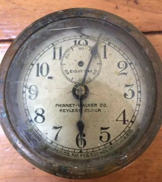 Antique Brass Car Clock Phinney Walker Keyless 1910 Auto 8 Day 2nd Hand