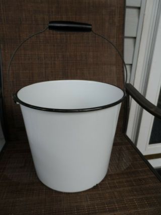 Vintage Graniteware / Enamelware White Black Trim Water Bucket Milk Pail