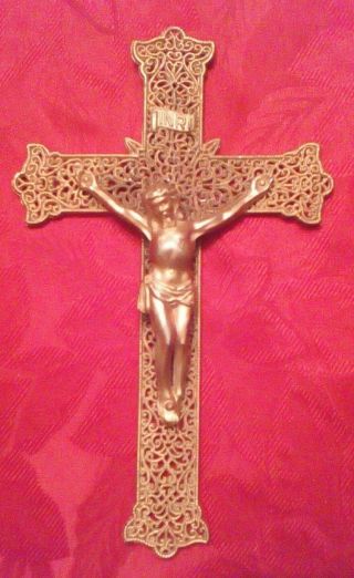 Vintage Crucifix Cross Gold Rococo Filigree Metal Brass Wall Inri Jesus Christ