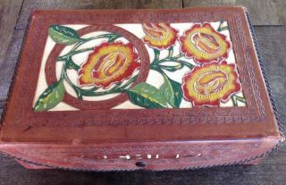 Vintage Old Mexican Tooled & Carved Leather Jewelry Trinket Box.  Floral Design