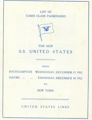 Dec 17,  1952 R.  M.  S.  Queen Mary Cabin Class Passenger List Booklet