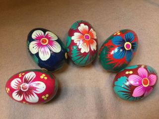 5 Hand Painted Russian Wooden Eggs 2 - 1/4” Easter Flower Group 1