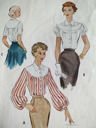 Mccalls 8358 Vintage Sewing Blouse Pattern Size 14 Bust 32 50s 1950s 3 Sleeves