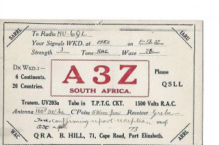 `1928 A3z Port Elizabeth South Africa Qsl Radio Card