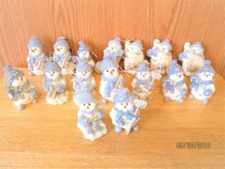 16 Blue & White Hard Plastic Christmas Snowmen With Candy Canes Ornament Figures