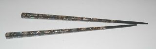 Set Pair Vintage Black Lacquered Chopsticks With Mother Of Pearl Shell Inlay