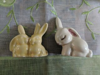 2 Cute Rabbit Vintage Easter Bunny Figurines Yellow Pastel Ceramic/porcelain