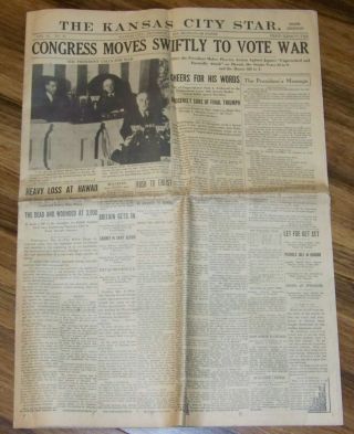 Kansas City Star Newspaper December 8,  1941 - Pearl Harbor - Wwii