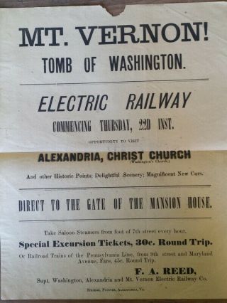 C1892 Washington Alexandria & Mount Vernon Electric Railway Poster Broadside
