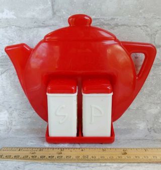 Vintage Superlon Red & White Plastic Wall Mount Teapot,  Salt & Pepper Shakers
