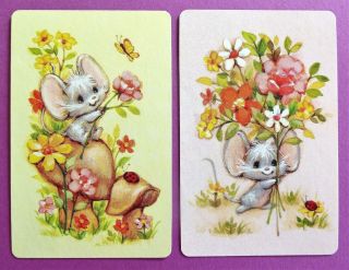 Pair Vintage Swap Cards.  Cute Mouse On Mushroom With Flowers & Ladybird.  Hallmark
