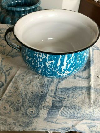 Antique Blue And White Swirl Enamelware Large Chamber Pot