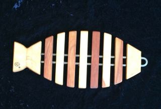 Mid Century Fish Shaped Trivet Teak And Maple Slats Connected With Metal Rods