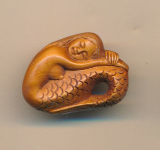 Carved Boxwood Mermaid Button Made In China,  Signed