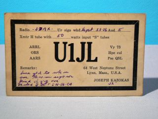 1926 Ham Radio Qsl Card - 1jl,  Lynn,  Ma