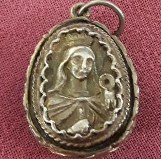 STERLING SILVER Enamel GUILLOCHE EGG Virgin Mary/St Barbara Medal Pendant Charm 2