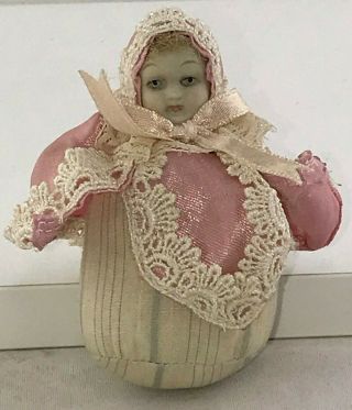 Vintage Bisque Baby Head Pincushion Half Doll With Blonde Wig & Pink Satin Lace