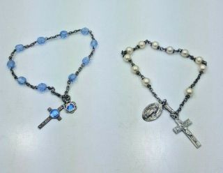 2 Vintage Sterling Silver Rosary Bracelet Enamel Blue & Faux Pearl Bead
