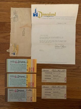 Vintage Disneyland Ticket Books W/ Letter And Envelope 1962 Rare
