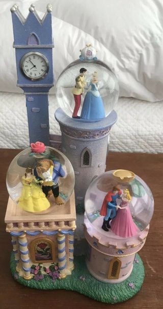 Disney Princess Clock Tower Castle Snow Globe Cinderella Belle Aurora Details