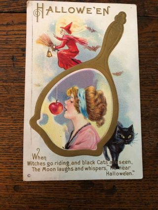 Vintage Halloween Postcard Black Cat Witch Poison Apple In A Mirror Post Card