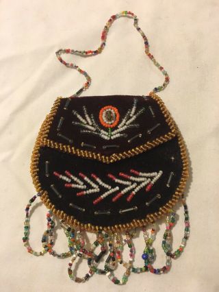 Vtg Antique Native American Indian Beaded Velvet Bag Purse
