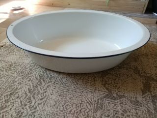 Vtg/antq Large White Enamel Porcelain Baby Bath Tub Wash Basin Bowl Pan Blue Rim