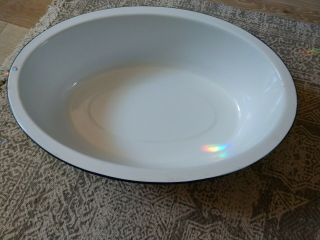 Vtg/Antq Large White Enamel Porcelain Baby Bath Tub Wash Basin Bowl Pan Blue Rim 2