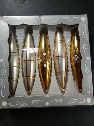 Vintage Christmas Ornaments Glass 5 In Org Box Teardrop Colombia Kurt Adler Gold