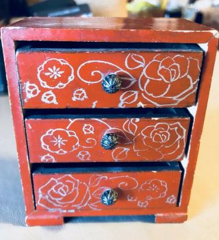 Vintage Miniature Japanese Red Laquered 3 Drawer Chest