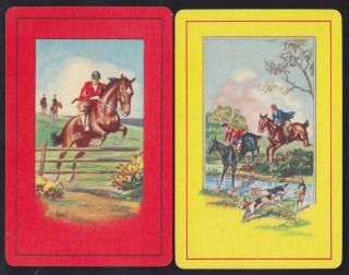 2 Single Vintage Swap/playing Cards Hunt Horse Rider Dogs 