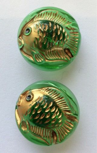 2 X 22mm Vintage Transparent Green Glass Buttons With Gold Fish